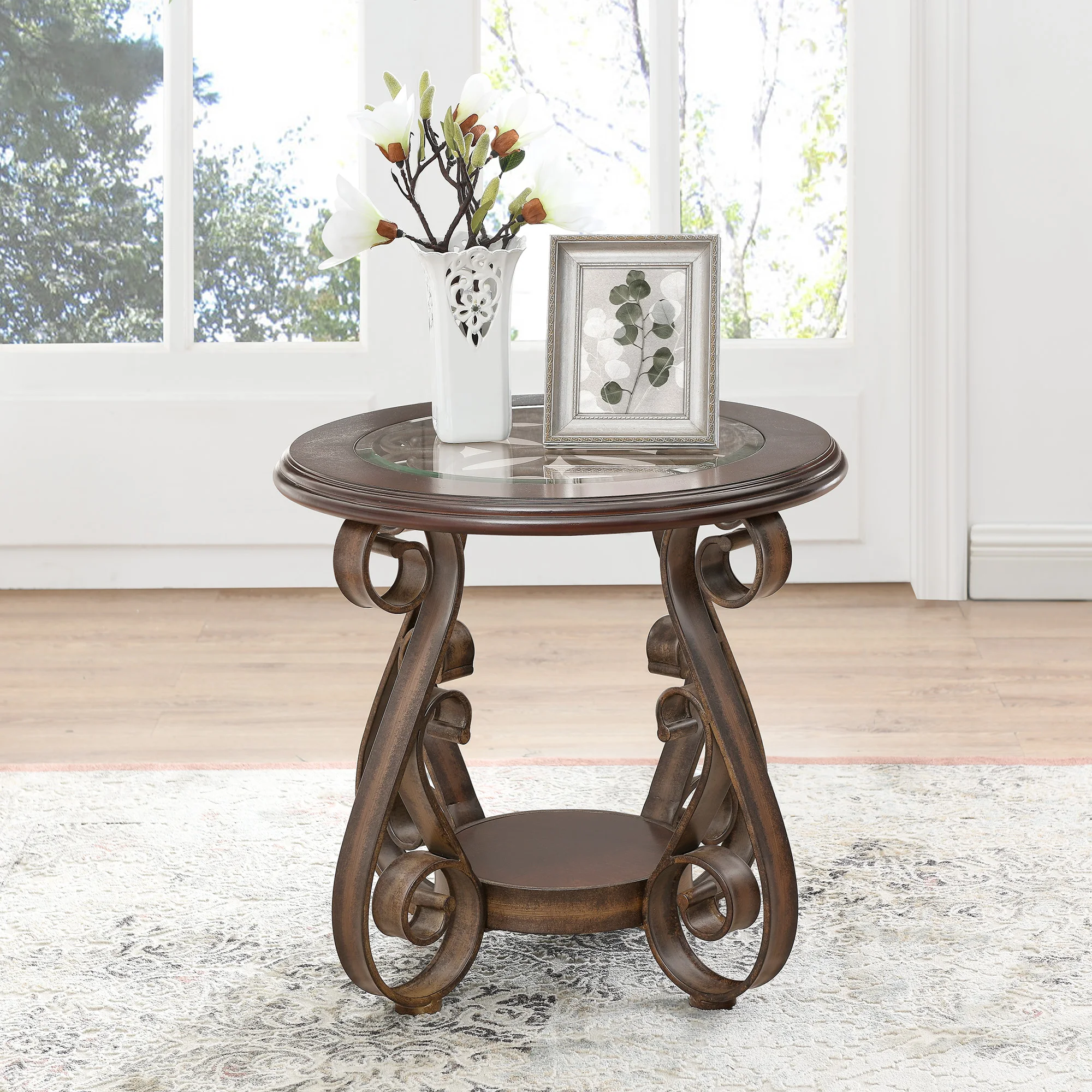 End Table with Glass Table Top and Powder Coat Finish Metal Legs，Dark Brown （25.5