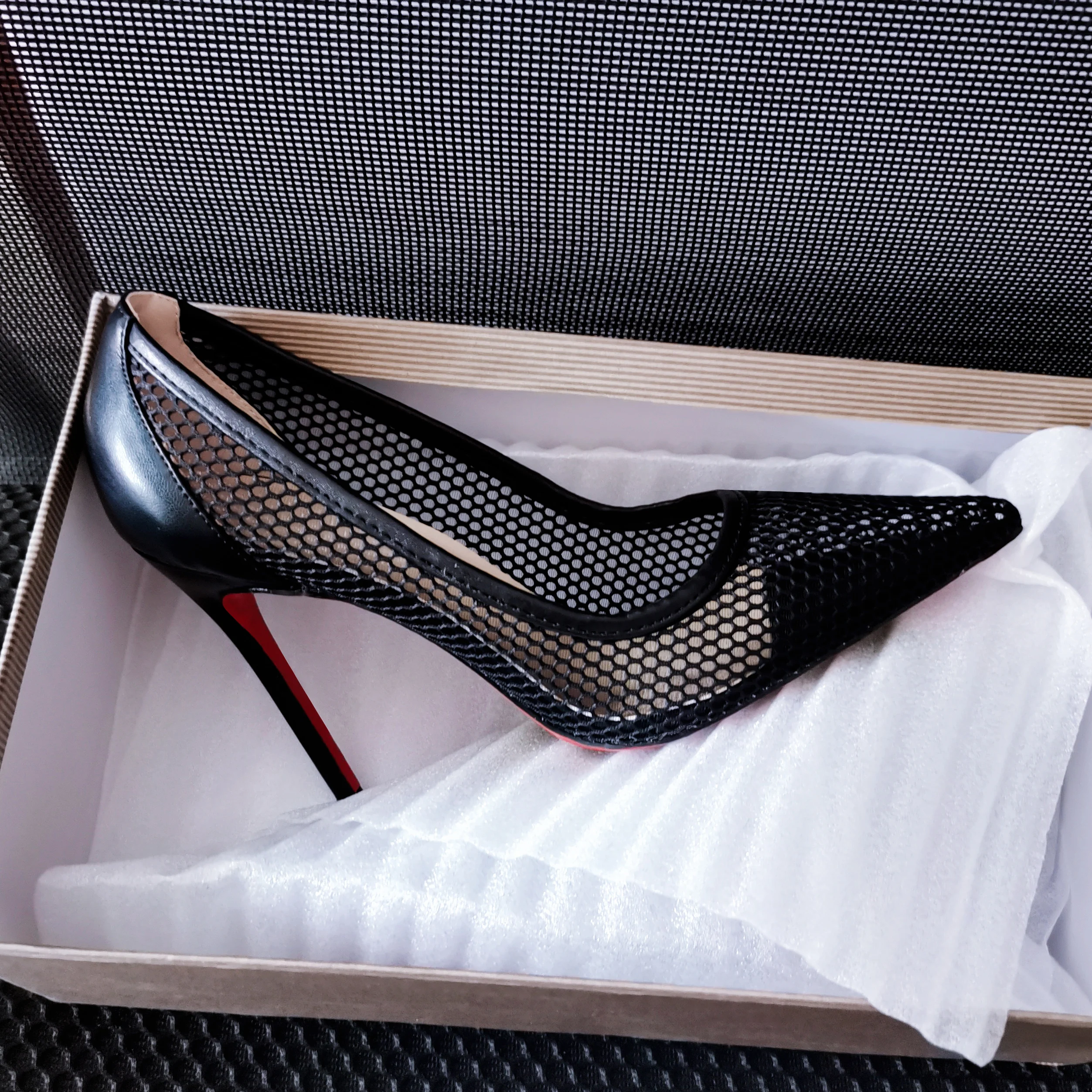 New pointed mesh 12cm black high heels for women, comfortable, slim and stylish, plus size sexy single shoes
