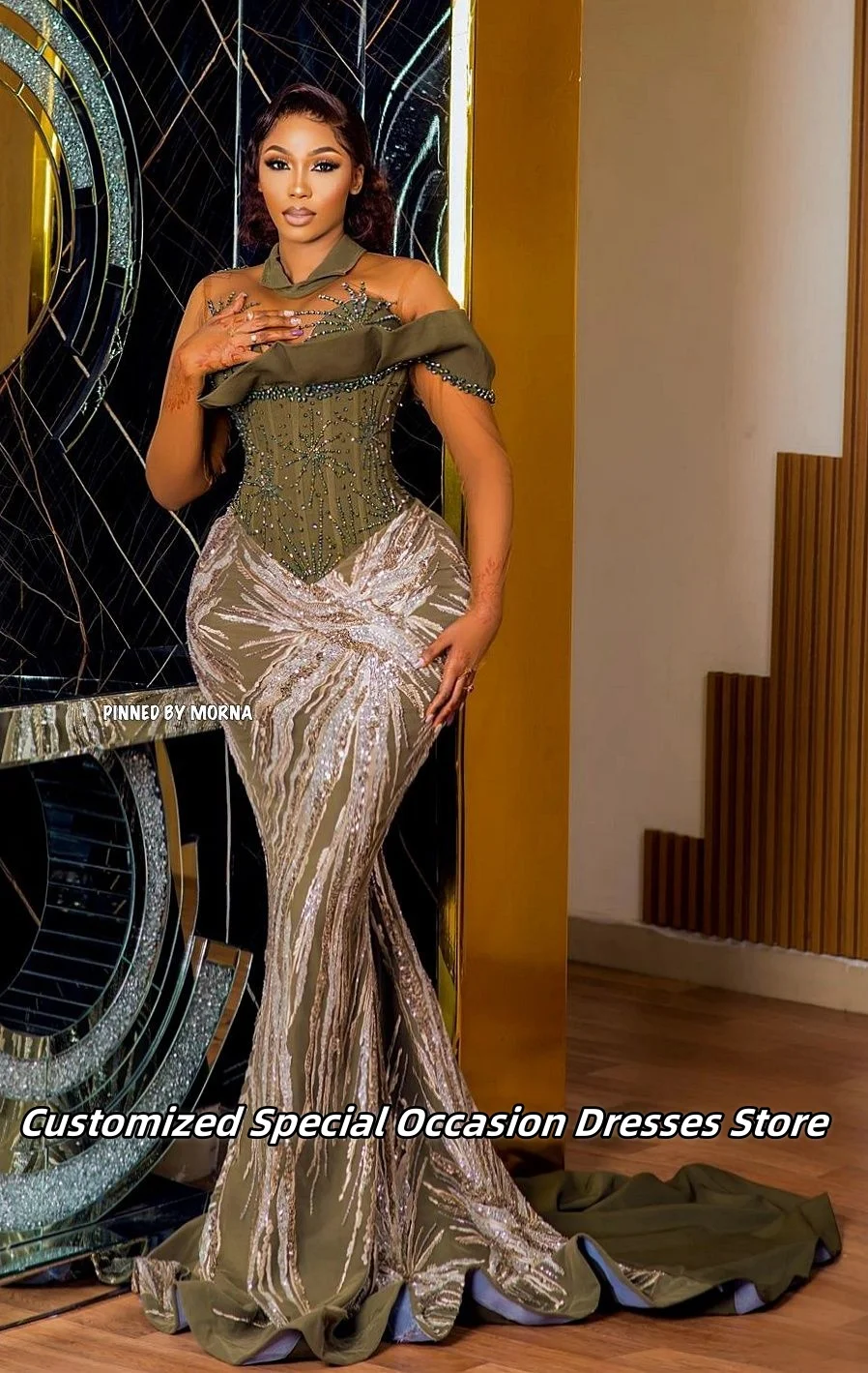 Dark Green High Neck Evening Dresses Transparent Sleeves Luxury Sequin Applique Beaded Prom Gowns Wedding Party Dress Customized