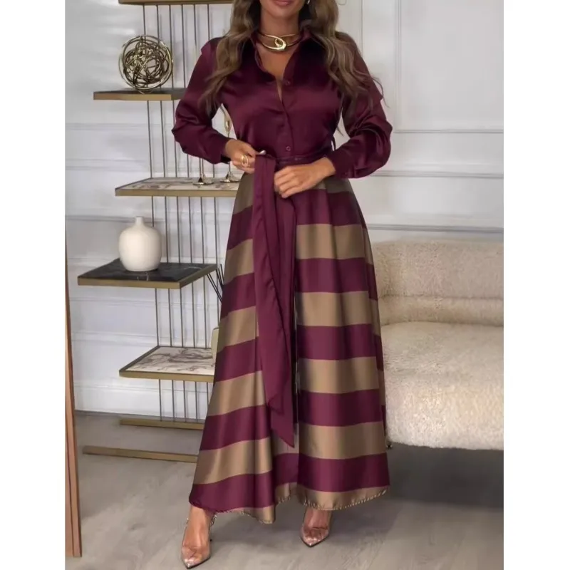 女性のファッション春秋サテンロングドレスカジュアル長袖レースアップターンダウンカラースカートヴィンテージパターンプリントドレス