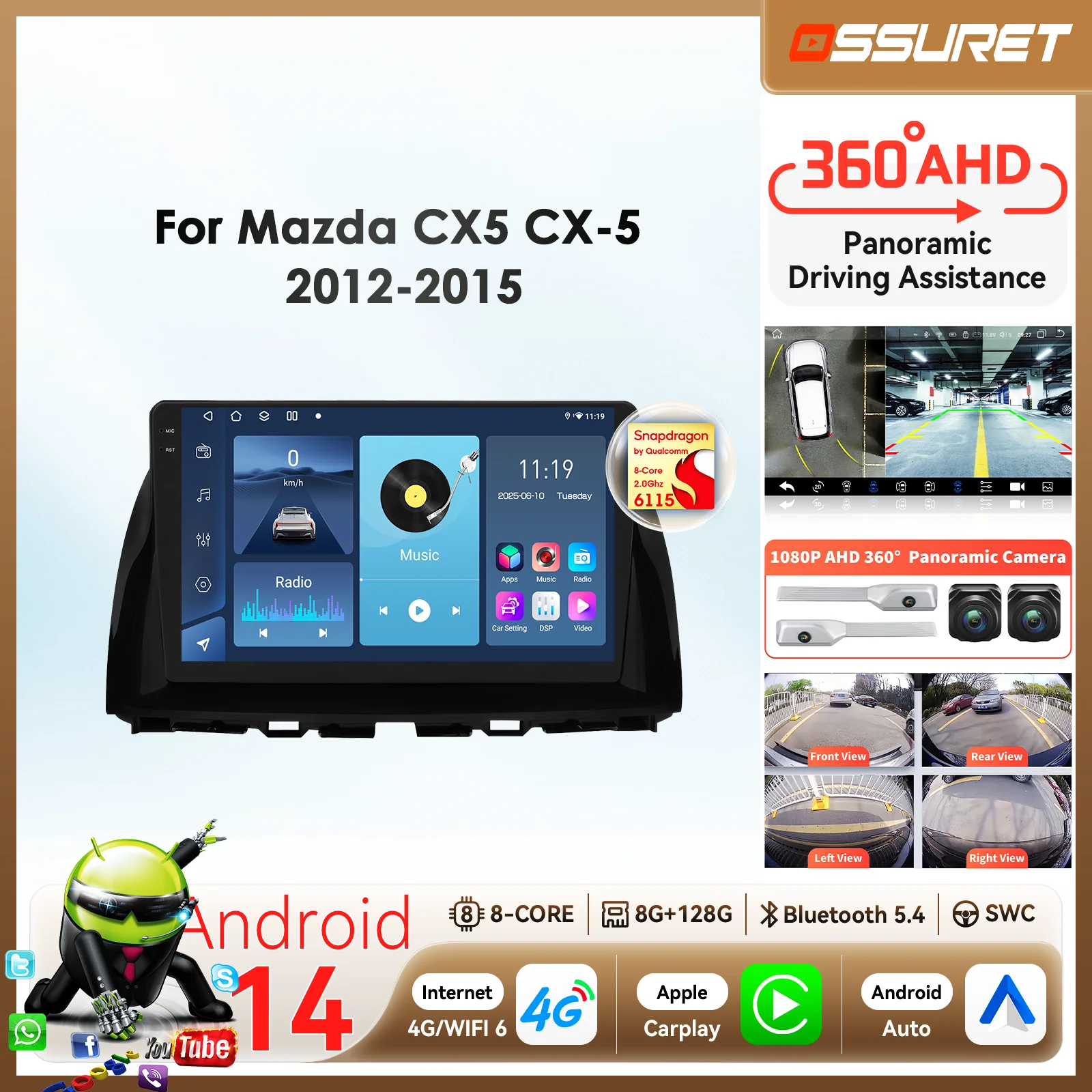 

Автомобильное радио Android 14 для Mazda CX5 CX-5 2012-2015 Carplay Android Auto мультимедиа от Snapdragon 6115 8 ядер авторадио 360 Cam GPS