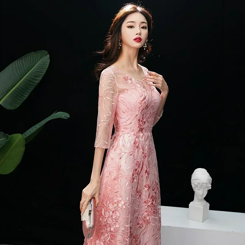 It\'s Yiiya Customized Evening Dress O-neck Embroidery Pink Half Sleeve Zipper Floor Length Plus Size Formal Gowns robe de soiree