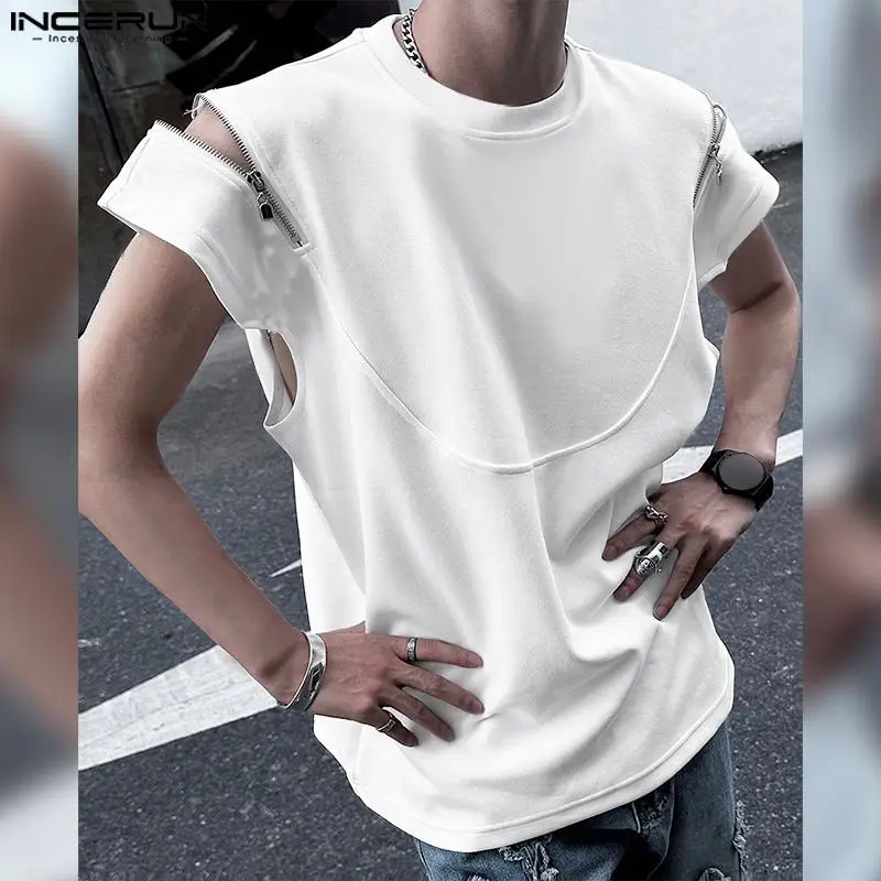 2024 Men T Shirt Solid Color Zipper O-neck Short Sleeve Streetwear Men Clothing Summer Korean Casual Male Tee Tops S-5XL INCERUN