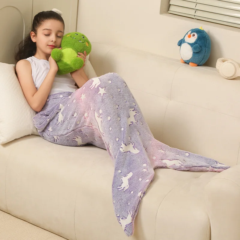 Night Glow Cartoon Rainbow Unicorn Glow in The Dark Flannel Mermaid Tail Blanket All Seasons Gifts Wearable Companion Blankets