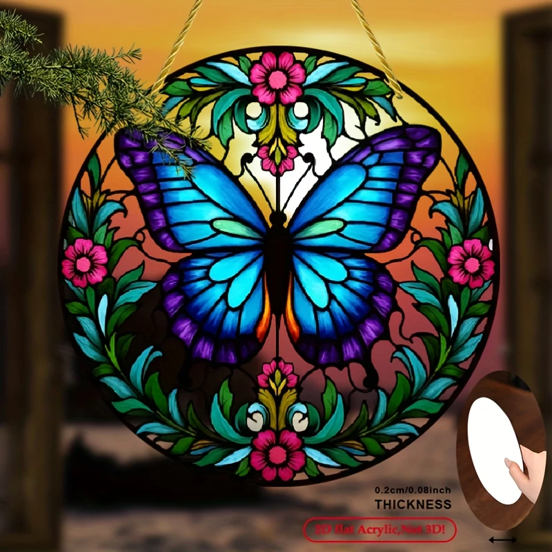 2D Flat, Bohemian Round Acrylic Butterfly Suncatcher Wall Hanging - 2D Flat Print Window Decor with Thin Translucent Wings, Mult