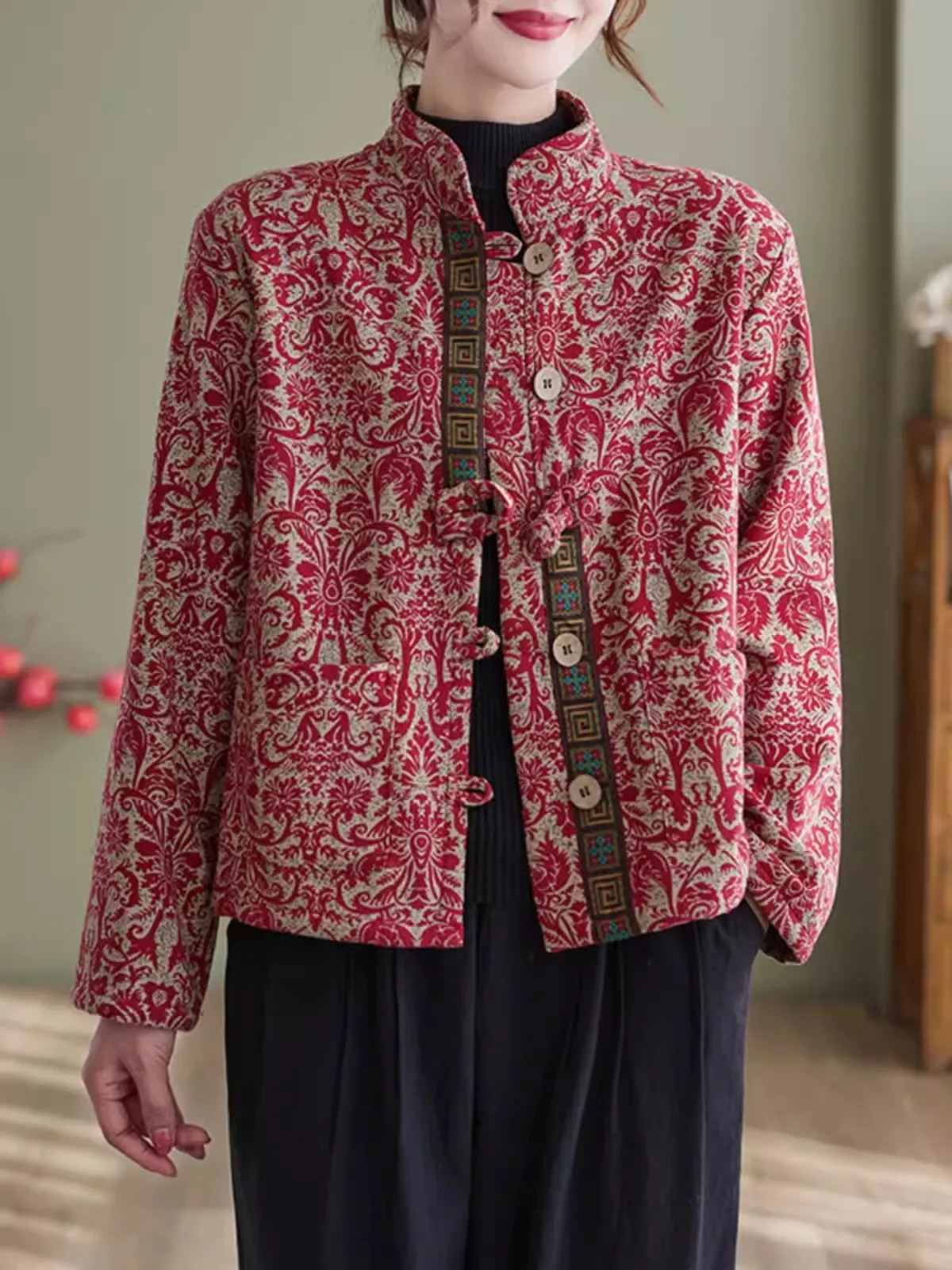 Abrigo corto de lino y algodón con estampado Floral para mujer, Abrigo acolchado de terciopelo con cuello levantado, estilo chino Vintage, novedad