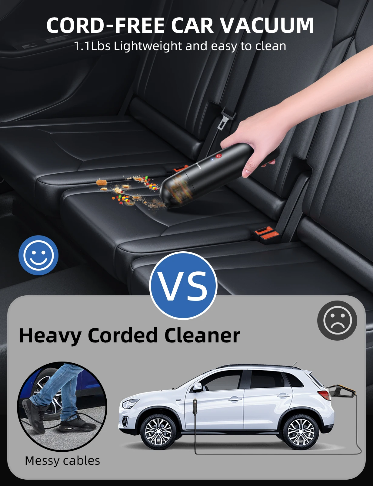 Chuboor Aspirador de coche inalámbrico True 7000Pa potente con Hepa limpia eficazmente el polvo, los restos adecuado para el coche y el hogar