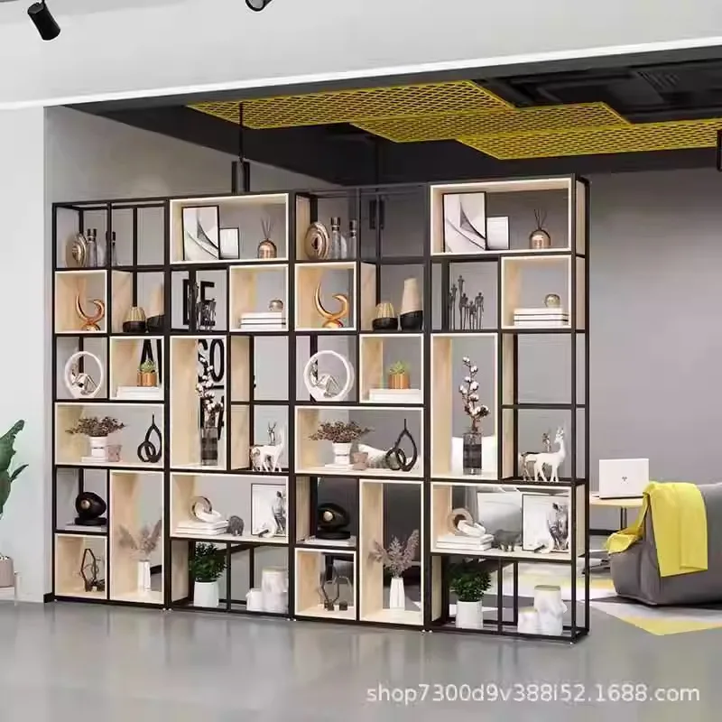

Wrought iron solid wood simple bookshelf floor partition office screen bookcase display rack dining room storage rack