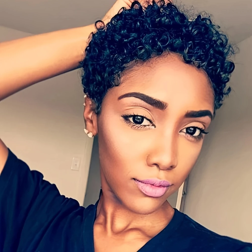 密度150% 4インチ フルマシンメイド ショートアフロカーリー人毛ウィッグ アフロショートウィッグ 女性用ピクシーカット人毛ウィッグ