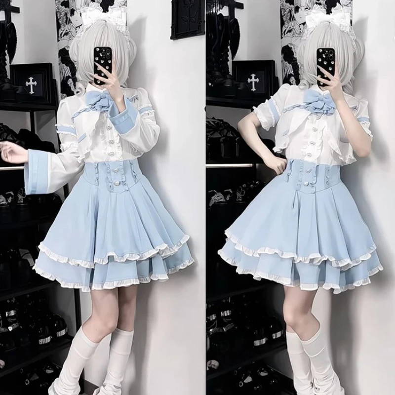 Y2k Aesthetics Vintage Bow Dress Set Women Japanese Gothic Short Cardigan Chic Button Ruffles Sling Dresses Elegant Slim Jk Suit