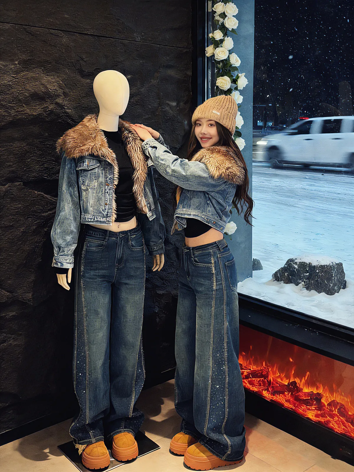 Modieuze Thiened denim jeans met rechte pijpen, dames winterbroek met hoge taille, draperende wijde pijpen, casual broek met hoge taille