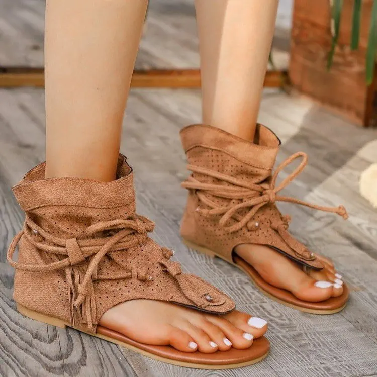 Lace Up Boots Shoes Flat Heel Boots-Women Ladies Rubber Large Size Summer Low 2024 Solid Fretwork Peep Toe Fringe Flock Ankle PU