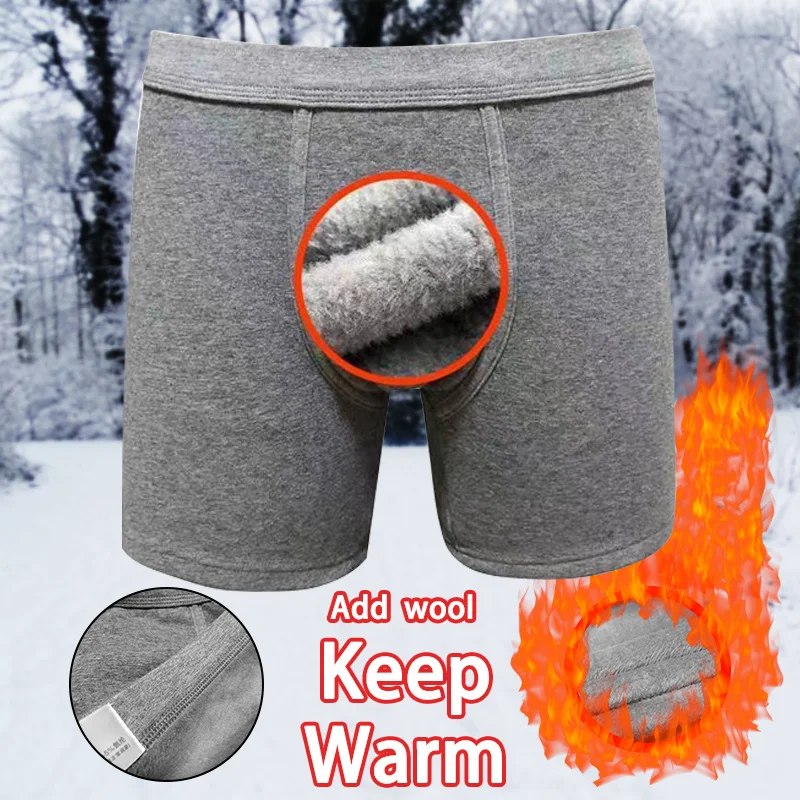 Man Winter Thermal Long Underwear Cotton Velvet Boxers Outdoor Sport Thick Warm Up Sexy Lingerie Bulge Penis Pouch Fleece Briefs