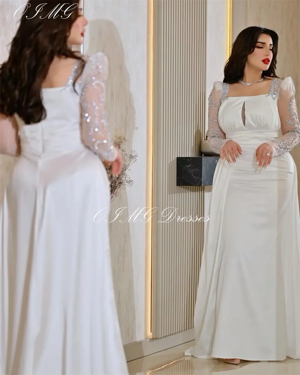Cathy Square Collar Satin Wedding Dresses Detachable Train Mermaid فساتين سهرة Elegant Sleeves Floor-length vestidos de fiesta