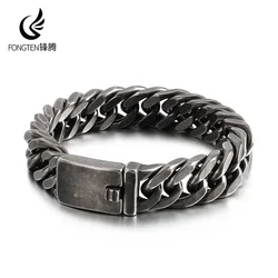 Fongten Retro Black Bracelet For Men Cuban Chain Stainless Steel Heavy Wide Curb Bracelets Bangle Male Jewelry Christmas Gift