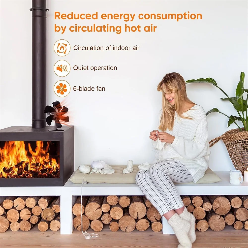 6 Blade Fireplace Fan Burns Stove Fan Heat Powered Fireplace Fan Log Wood Burner Eco-fan Quiet for Winter Warm Heat Distribution