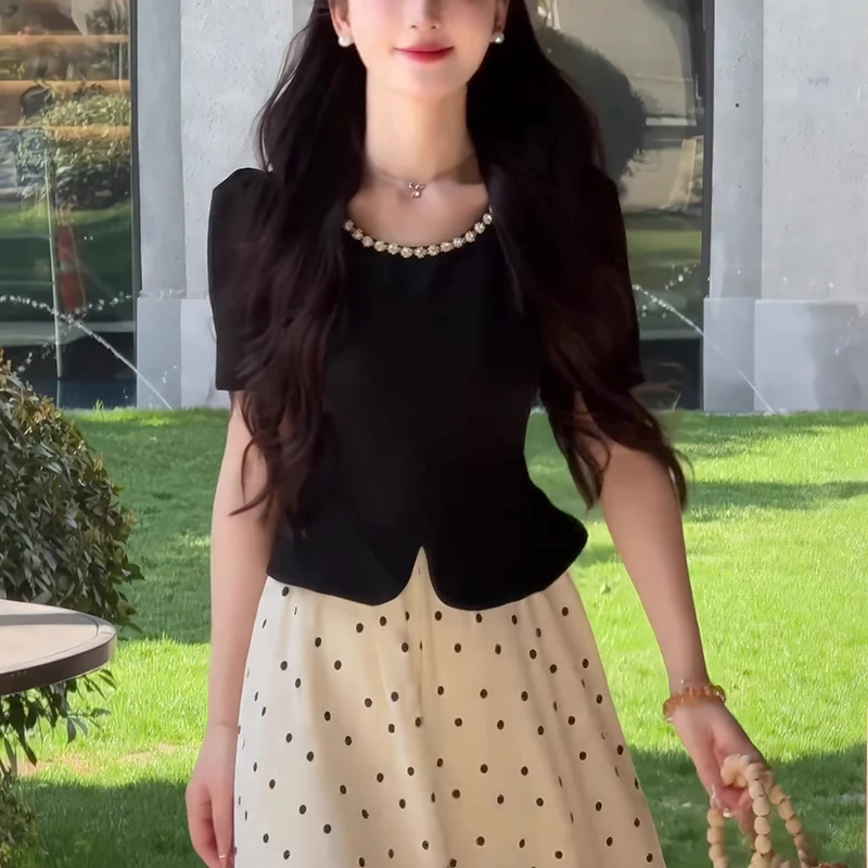 

Gentle style temperament black pearl bubble sleeves split top polka dot half skirt women summer French style elegant set