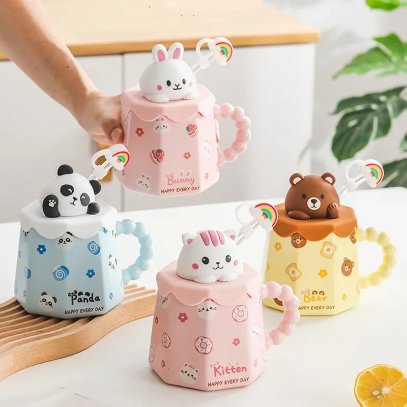 Cartoon Ceramic Mug with Lid and Spoon Creative Cute Coffee Milk Tea Breakfast Cup Drinkware Novelty Gifts 400ML Mugs