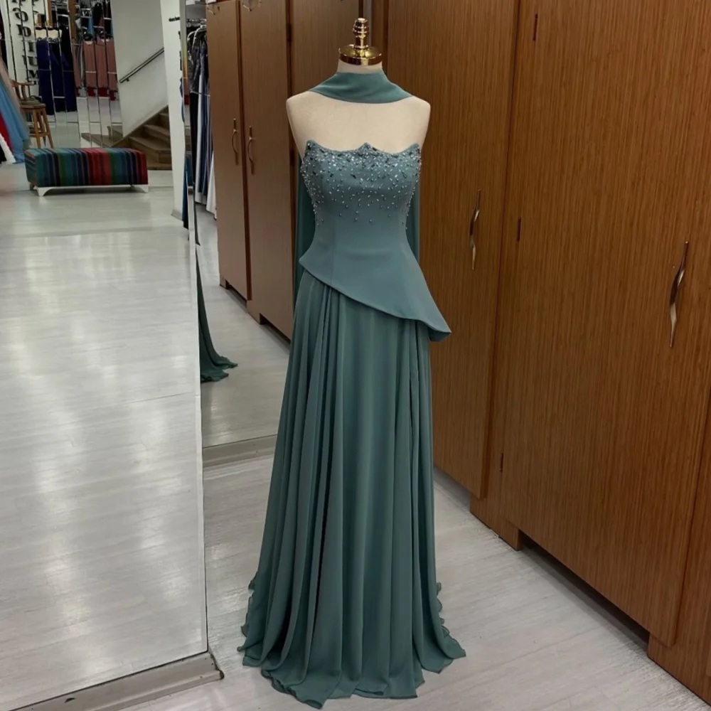

Customized Modern Style Elegant Chiffon Rhinestone Beading A-line Strapless Midi Dresses Bespoke Occasion Dresses High Quality