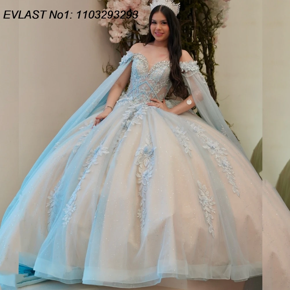 

EVLAST индивидуальное небесно-голубое бальное платье принцессы, платье Quinceanera, кружевная накидка с аппликацией и бисером, милое платье 16, Vestidos De 15 Anos E1QN38