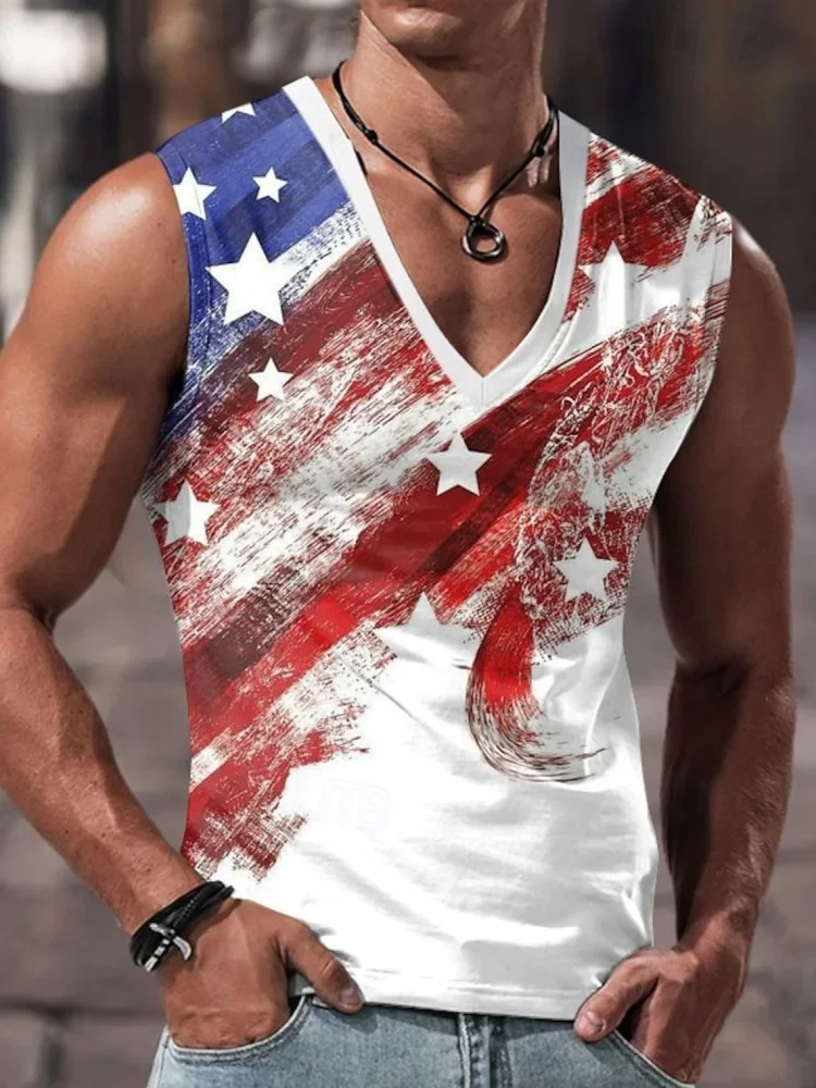 

2025 Новый мужской спортивный топ с v-образным вырезом для фитнеса на открытом воздухе, мужская майка с 3D принтом американского флага, летняя повседневная мужская футболка без рукавов