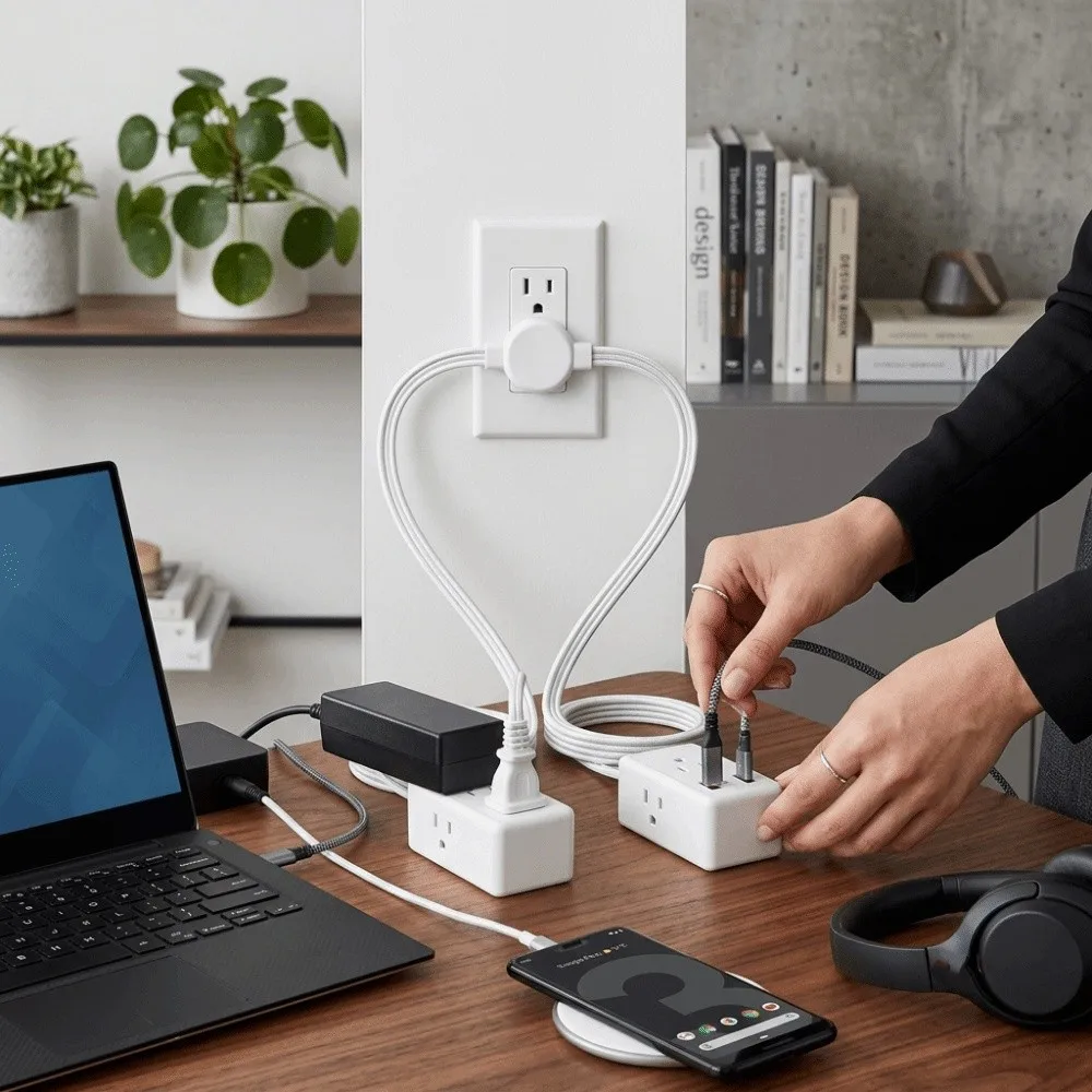 2 USB Ports Power Strip Solid Copper Wire Flame-Retardant PC Housing Dual Extension Cord Power Strip Stable Conductivity