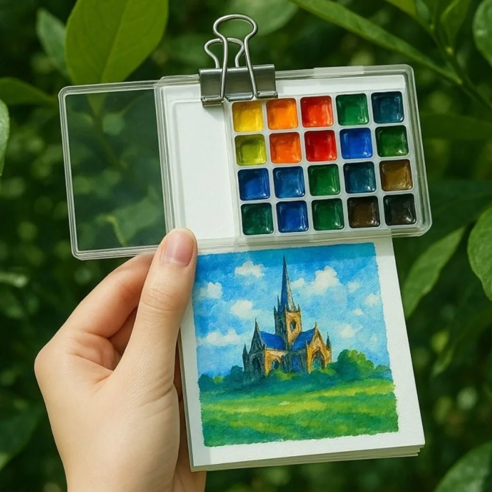 10/21 Grid Watercolor Paint Palette Mini Waterproof Travel Painting Tray with Clip Foldable Paint Pigment Box Artist