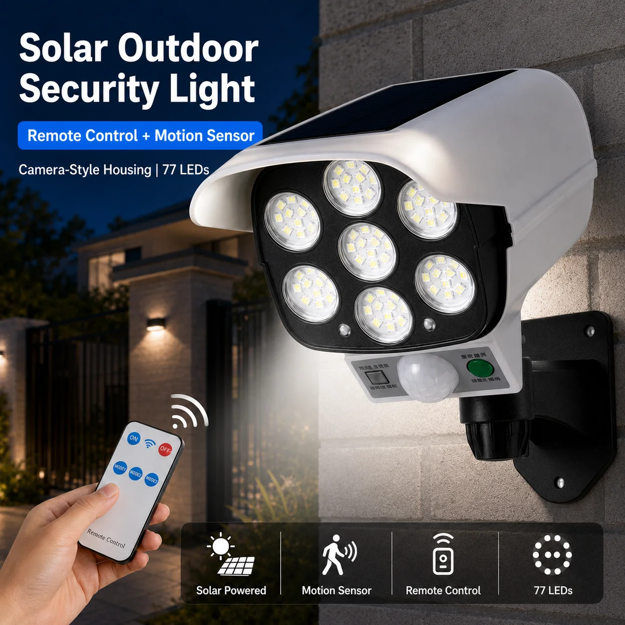 77 Led Lights, Solar-Powered Simulated Surveillance Camera Light, with Remote Control, Wireless, Outdoor, Wall Light, Motion Sensor, Automatic Night Lighting, for Courtyard, Fence, Driveway, Garage, Waterproof, Securit