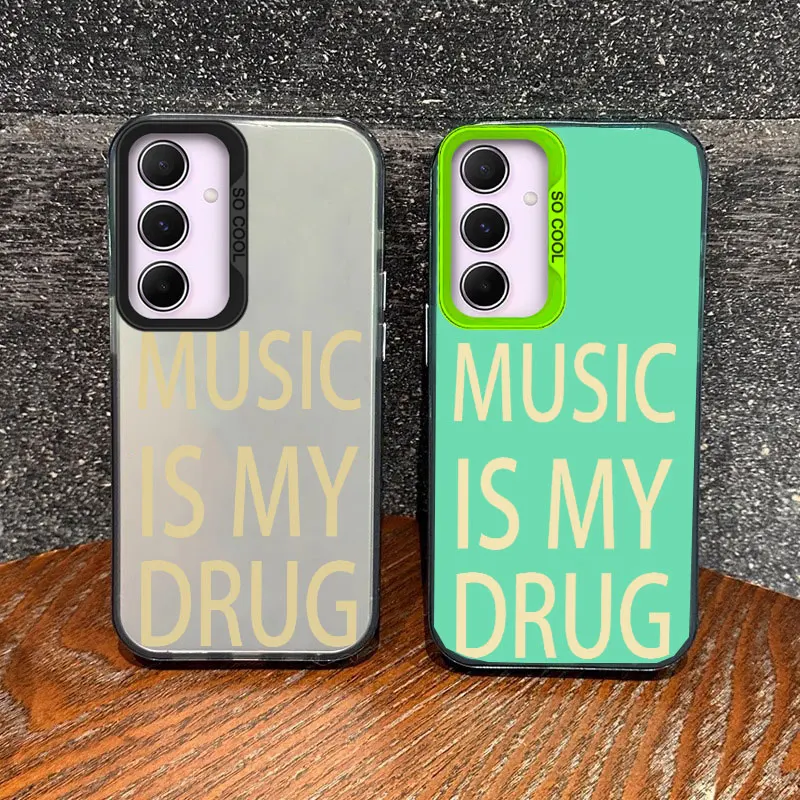 Black MUSIC IS MY DRUG Luck TPU Pattern Korean Phone Case For Samsung Galaxy A54 A34 A14 A24 A53 A13 A12 A15 A25 A35 A32 Cover