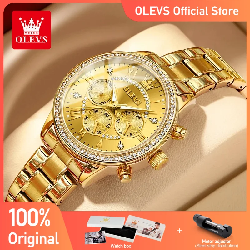 Olevs relógios femininos marca superior de luxo original relógio quartzo para senhoras cronógrafo à prova dwaterproof água luminosa strass dial 24