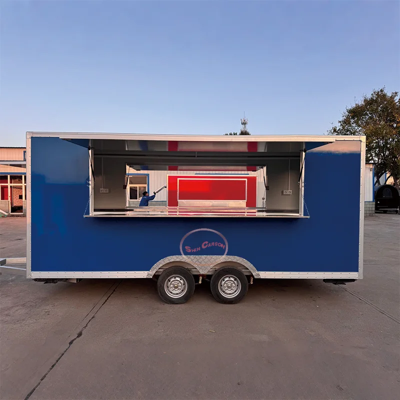 

Outdoor food trailer with a blue body and white edges, very strong scene adaptable and can easily connect
