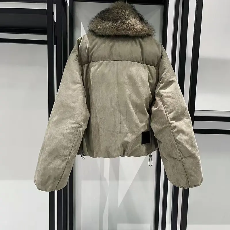 Women's Eco-Friendly Suede Jacket, Fur Collar, Short-Length Warm Puffer Coat, High-Quality Parka, 2025, Winter, New Arrival, Y2K
