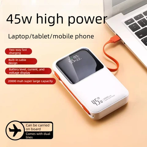 (CCC) PD45W 20000 мАч портативный внешний аккумулятор для iPhone, Huawei и Xiaomi, ультратонкий, со встроенным кабелем