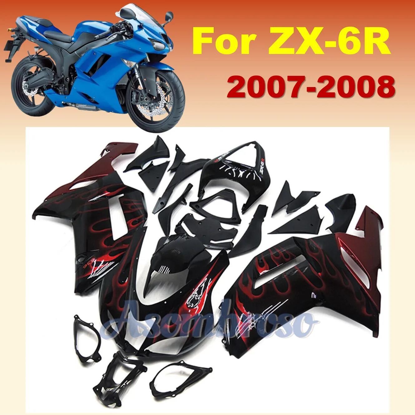 Red Flame black Body Shell For Ninja ZX-6R 2007 2008 ZX 6R ZX636 07 08 ZX 636 ZX6R ABS Plastic Motocycle Fairing kit ZXMT