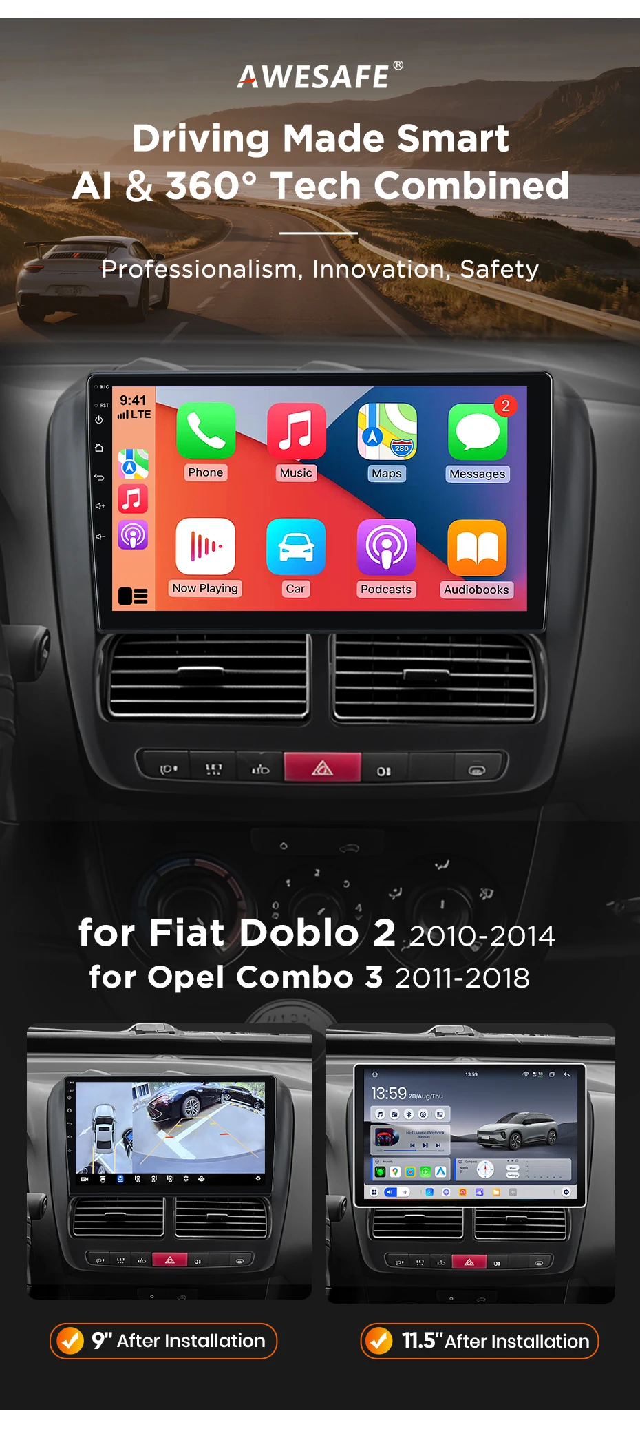 AWESAFE 9-Zoll-Android-Radio für Fiat Doblo 2 2010-2014 Opel Combo 3 2011-2018, kabelloses CarPlay & Android Auto, GPS-Navigation, Multimedia, Unterstützung für Lenkradsteuerung, Subwoofer, Verstärker, Rückfahrkamera, mit CAN-BUS, Plug-and-Play, DAB+, digitales Autoradio, 2 DIN, RDS – Detail 3