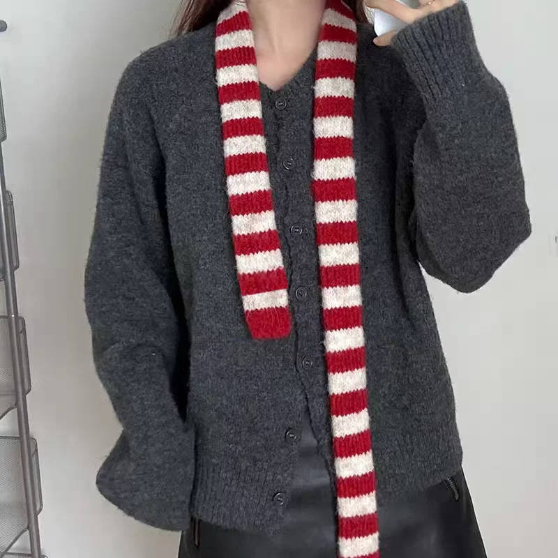 

Harajuku Strip Striped Scarf Multi-color Thin Stripe Knitted Neckscarf Slim Narrow Ribbon Scarves All-match Thin Neckerchief