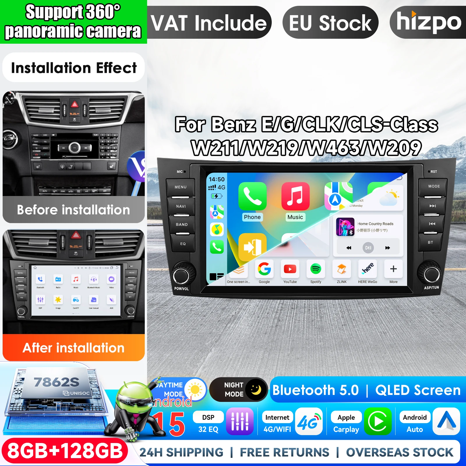 Hizpo 8" KI-Sprachsteuerung Autoradio für Mercedes Benz E-Klasse W211 E200 E220 E300 E350 E240 E270 E280 W219 Android Auto Radio Carplay 4G DSP Auto-Multimedia-Player Navigation GPS 2-DIN