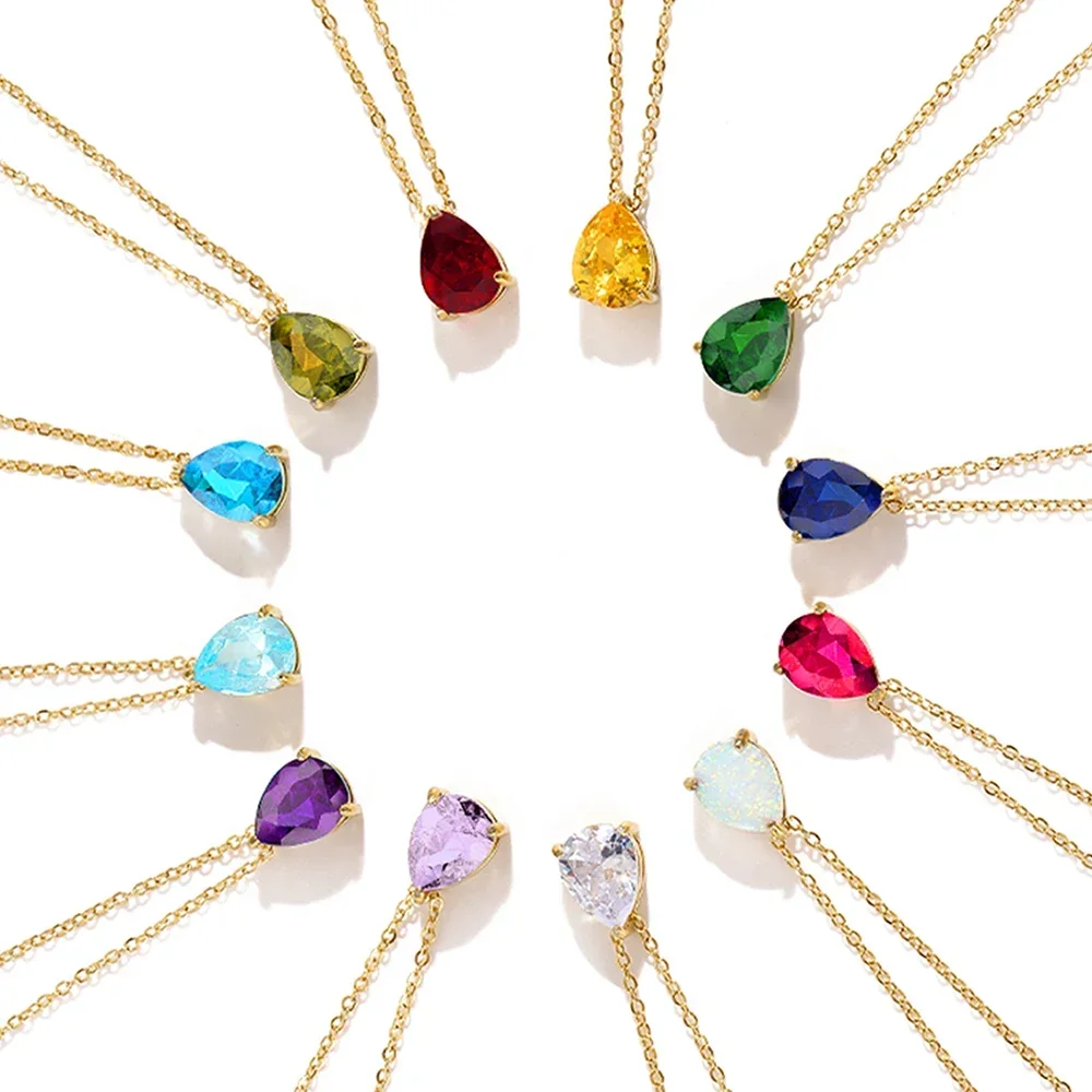 women Hot Sale Shiny Crystal Necklace Stainless Steel Teardrop Zirconia Pendant Women\'s Birthstone Collarbone Chain Wholesale