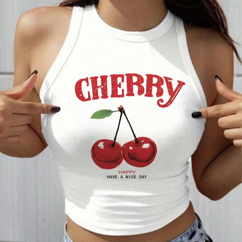 

Summer Sweet and Spicy Style! 2025 New Women's Solid Vest with Cherry and English Print Design, Slimming and Versatile!