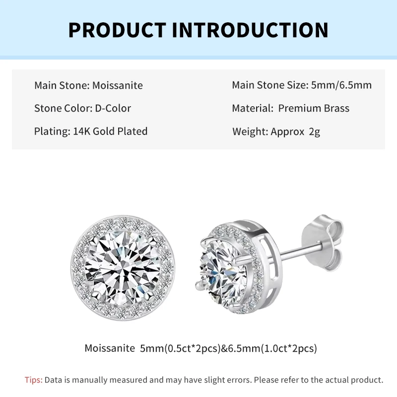 Rrjzz 0,5CT 1CT D-Farbe Brillanter Rundschliff Labor-Moissanit Halo Ohrstecker 14k Weißgold Plattiert Damen-Ohrringe Schmuck – Detail 1