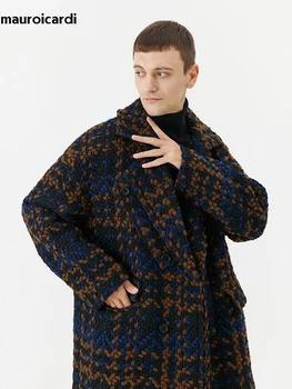 Men's Long Plaid Wool Double-Breasted Coat 3 Mauroicardi Autumn Winter Long Loose Stylish Cool Thick Warm Plaid Tweed Woolen Coat Men Double Breasted European Fashion 2023 3