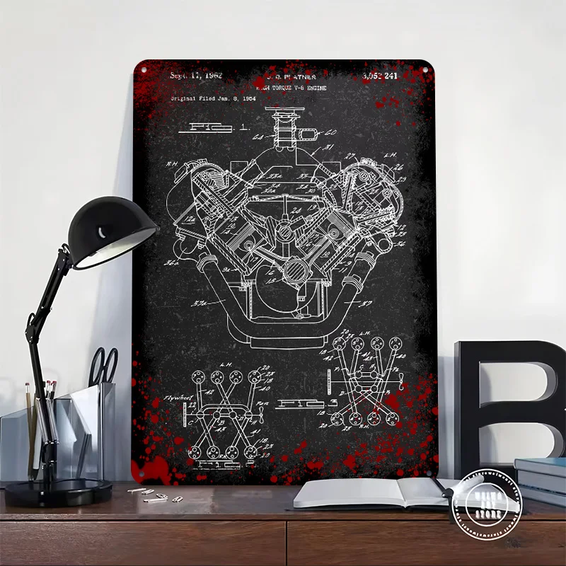 High Torque V-8 Engine Blueprint Printed Poster Customized Wall Art Retro Vintage Metal Tin Signs for Room Desk Decor House Home