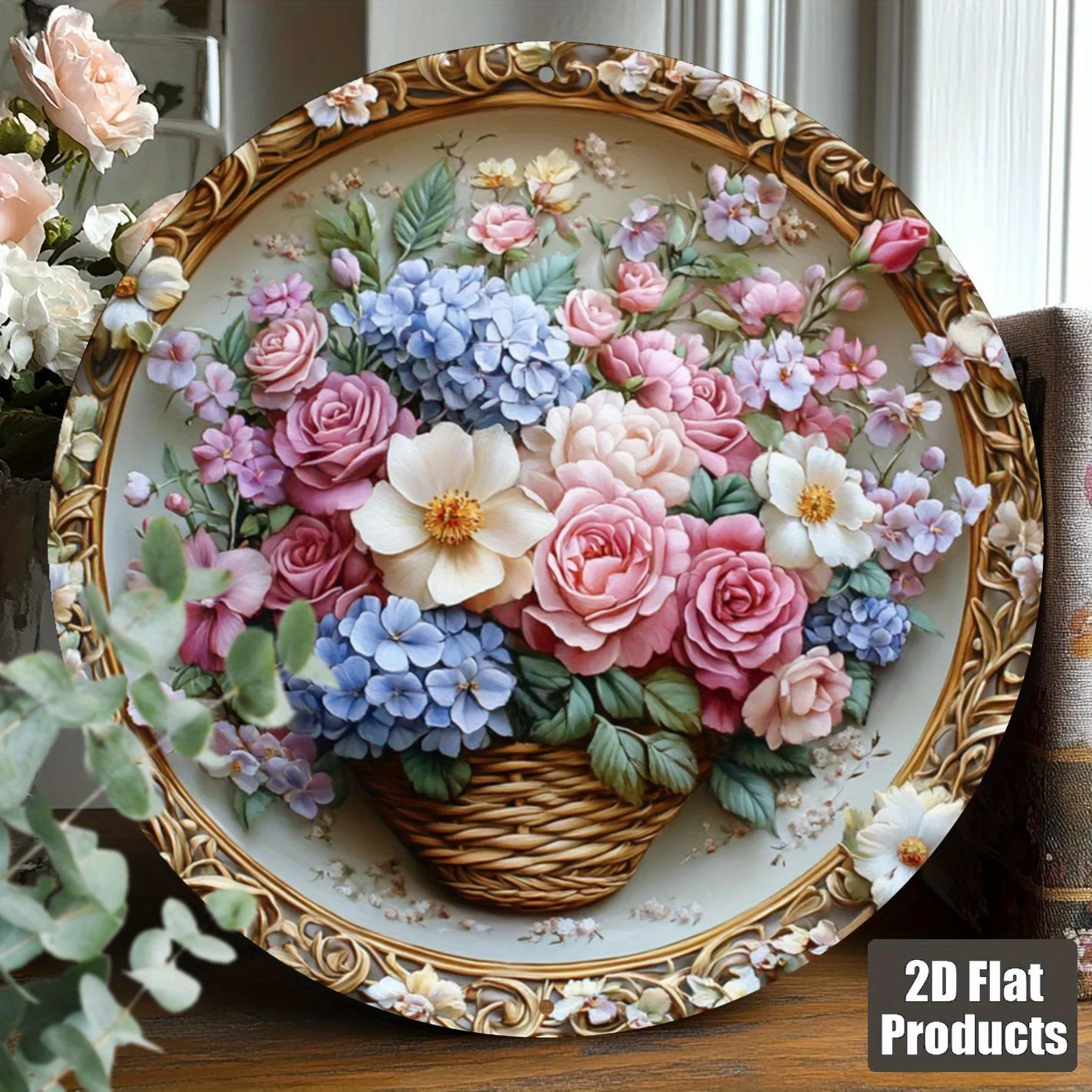 Vintage Floral Basket Round Metal Sign, 2D Flat Print Roses & Hydrangeas Wall Art, Weatherproof Elegant Home Decor Tin Plaque
