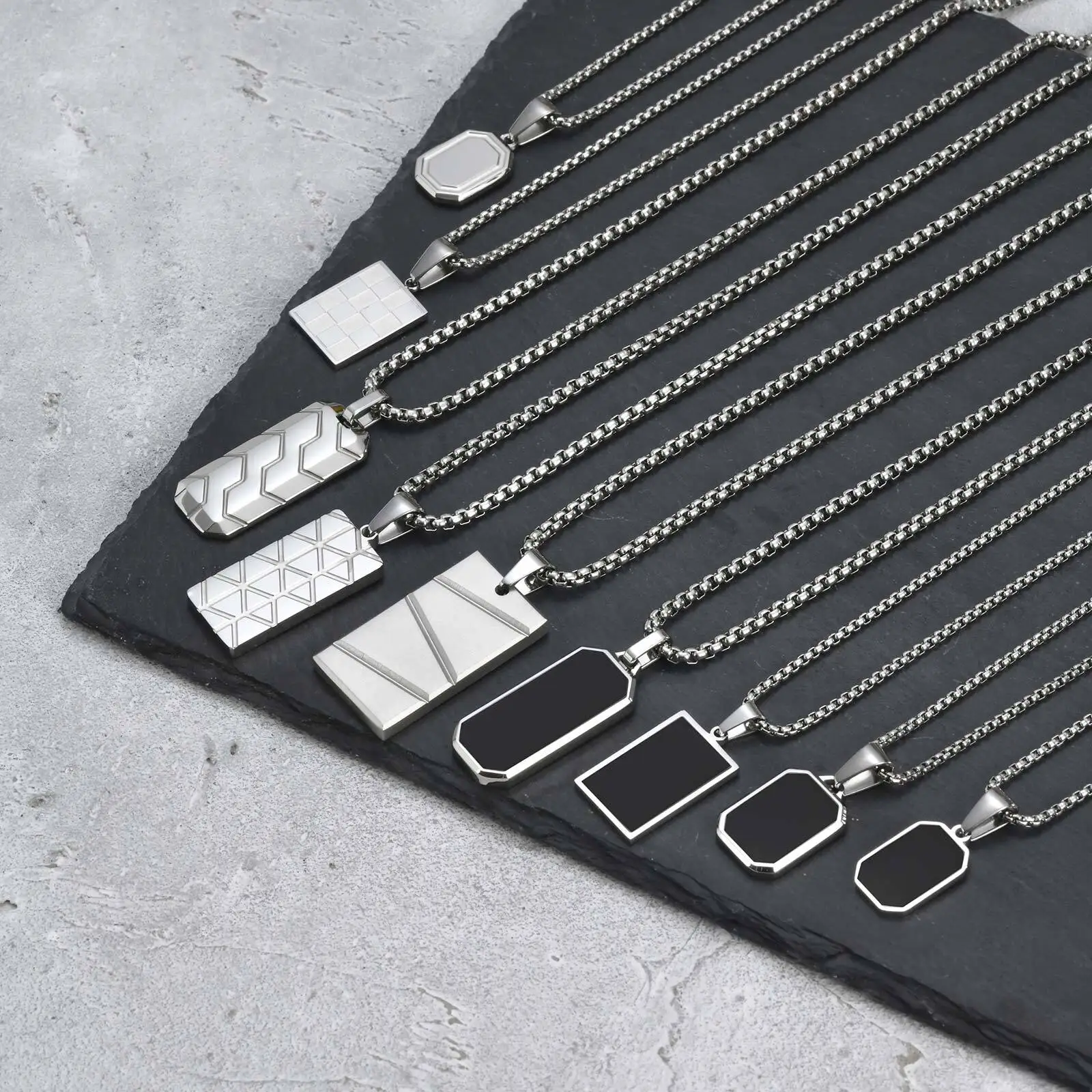 Vnox Kleine Dogtag-Anhänger Halsketten für Männer, Schwarz-Silberfarbener Edelstahl Militär-Erkennungsmarke mit Kastenkette Geschenk für Ihn – Detail 5