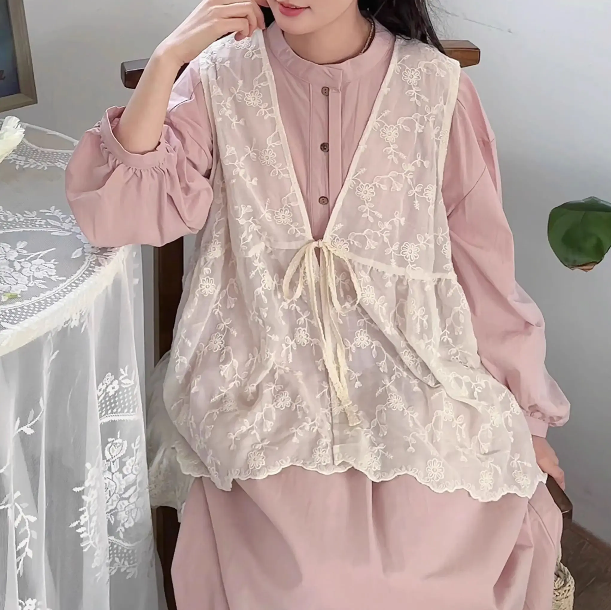 

Japanese mori girl lace embroider vest for women autumn sweet v neck lace-up sleeveless shirts and blouses outwear