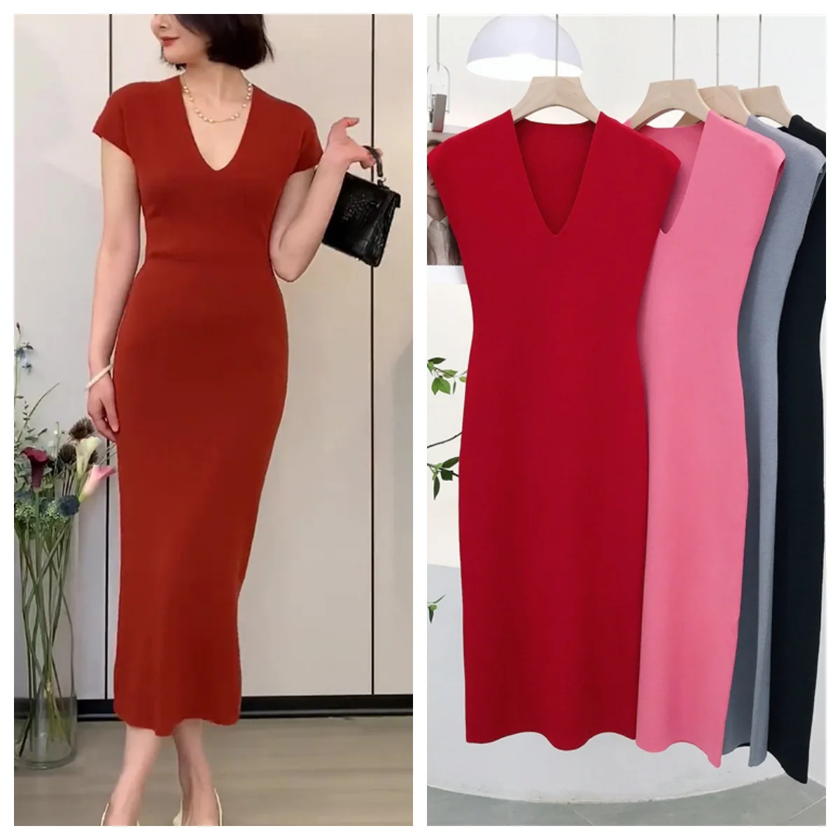 

Лето 2025 г., хлопковое платье с v-образным вырезом и рукавами спереди, плеч, талии, тонкое трикотажное платье, юбка на бедрах