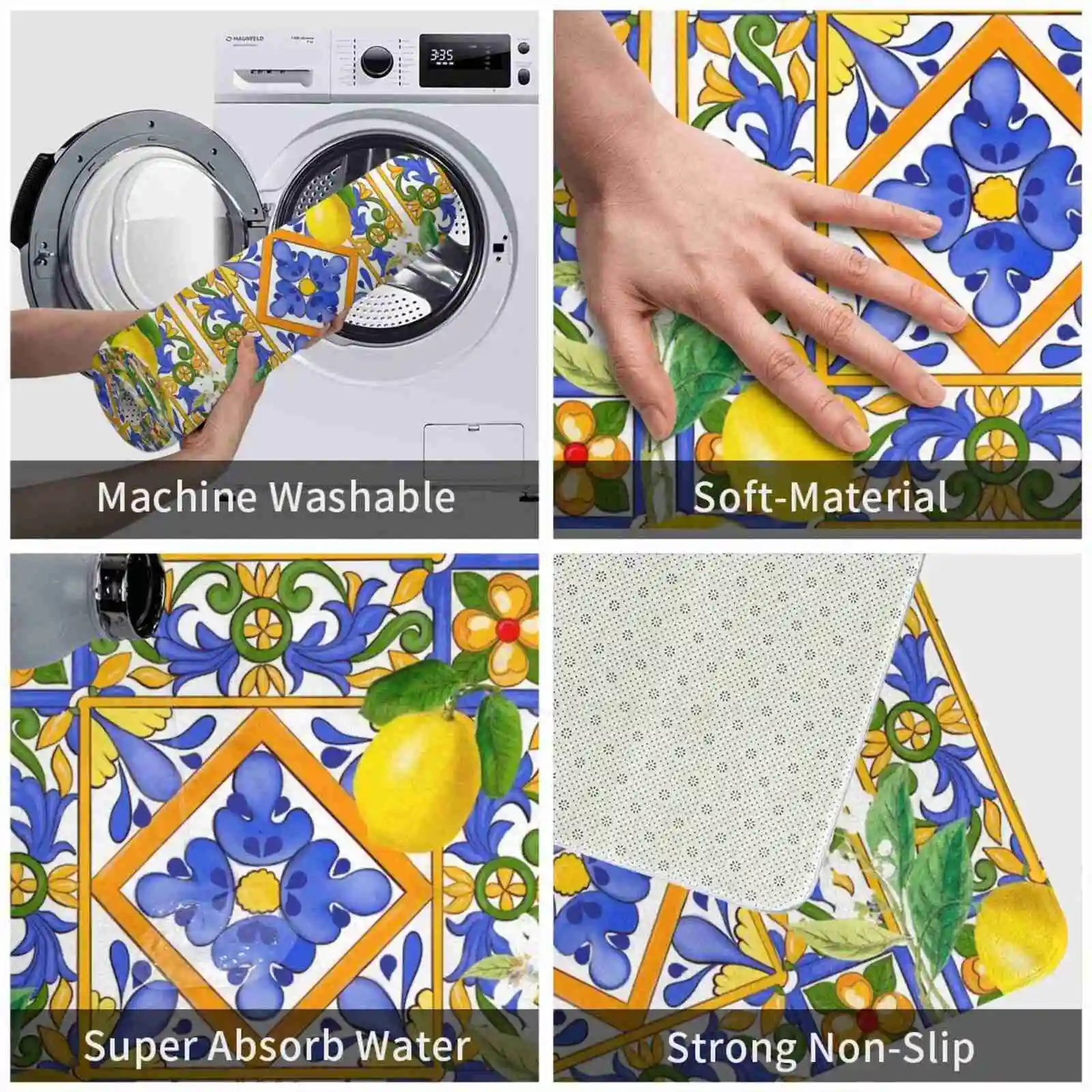 Summer , Sicilian Tiles , Citrus , Oranges , Majolica , Lemons , Mediterranean Soft House Family Anti-Slip Mat Rug Carpet