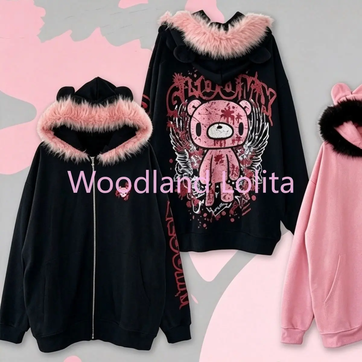 Autumn Winter Japanese Dark Gothic Hooded Coat Women Fur Collar Cartoon Bear Loose Hoodie Sweatshirts Y2K Coat Jacket Jirai Kei