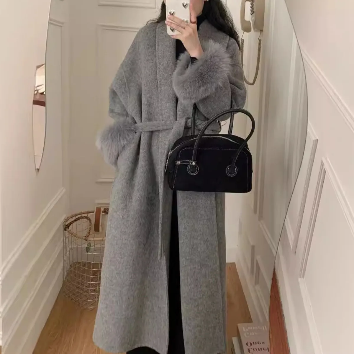 BJTZ خريف شتاء 2025 جديد المرأة طويلة مزدوجة الوجه معطف من قماش الكشمير مع انفصال الثعلب الفراء الأصفاد التلبيب طوق الصوف مزيج دافئ #3