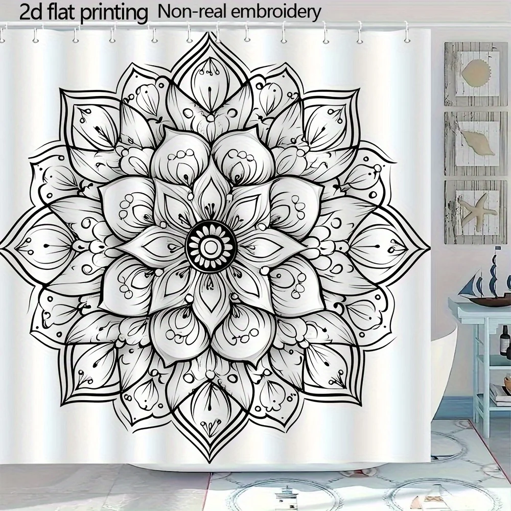 

Черно-белая занавеска для душа с мандалой и цветочным узором для декора ванной комнаты в стиле бохо. Может использоваться как перегородка. Крючки в комплекте.